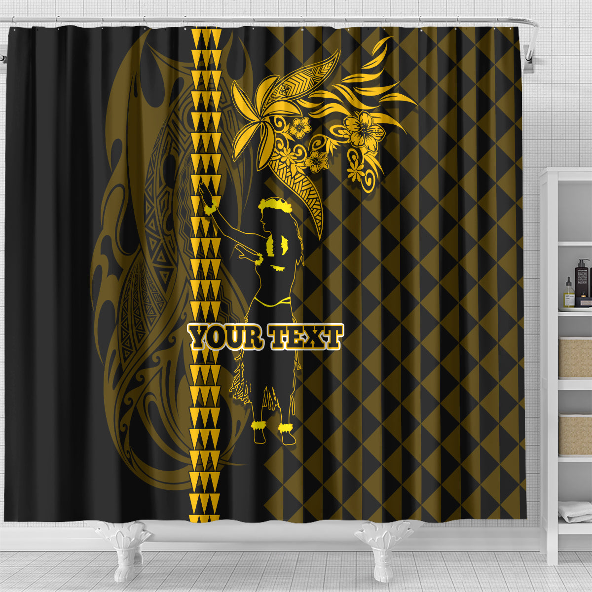 Custom Hawaii Shower Curtain Ukelele and Hula Girl Mix Kakau Pattern LT03 - Polynesian Pride