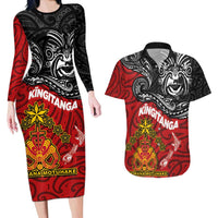 Maori King Movement Couples Matching Long Sleeve Bodycon Dress and Hawaiian Shirt Ko Te Mana Motuhake Emblem with Moko and Polynesian Art Tattoo LT03 Red - Polynesian Pride