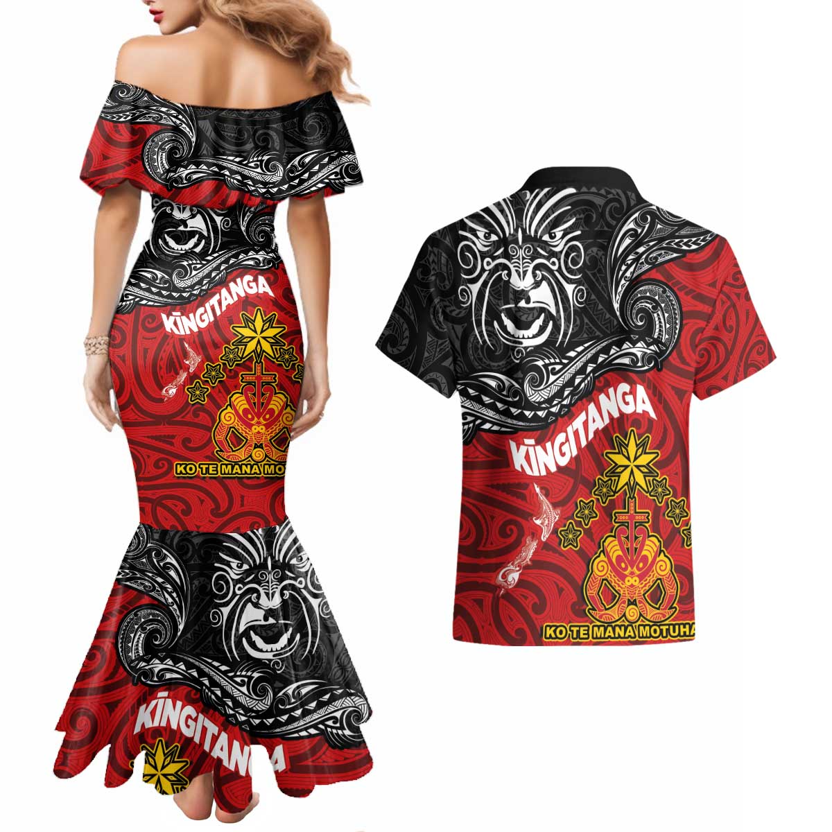 Maori King Movement Couples Matching Mermaid Dress and Hawaiian Shirt Ko Te Mana Motuhake Emblem with Moko and Polynesian Art Tattoo LT03 - Polynesian Pride