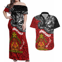 Maori King Movement Couples Matching Off Shoulder Maxi Dress and Hawaiian Shirt Ko Te Mana Motuhake Emblem with Moko and Polynesian Art Tattoo LT03 Red - Polynesian Pride