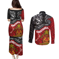 The Kingitanga - Maori King Movement Couples Matching Puletasi and Long Sleeve Button Shirt Ko Te Mana Motuhake Emblem with Moko and Polynesian Art Tattoo