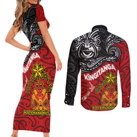The Kingitanga - Maori King Movement Couples Matching Short Sleeve Bodycon Dress and Long Sleeve Button Shirt Ko Te Mana Motuhake Emblem with Moko and Polynesian Art Tattoo