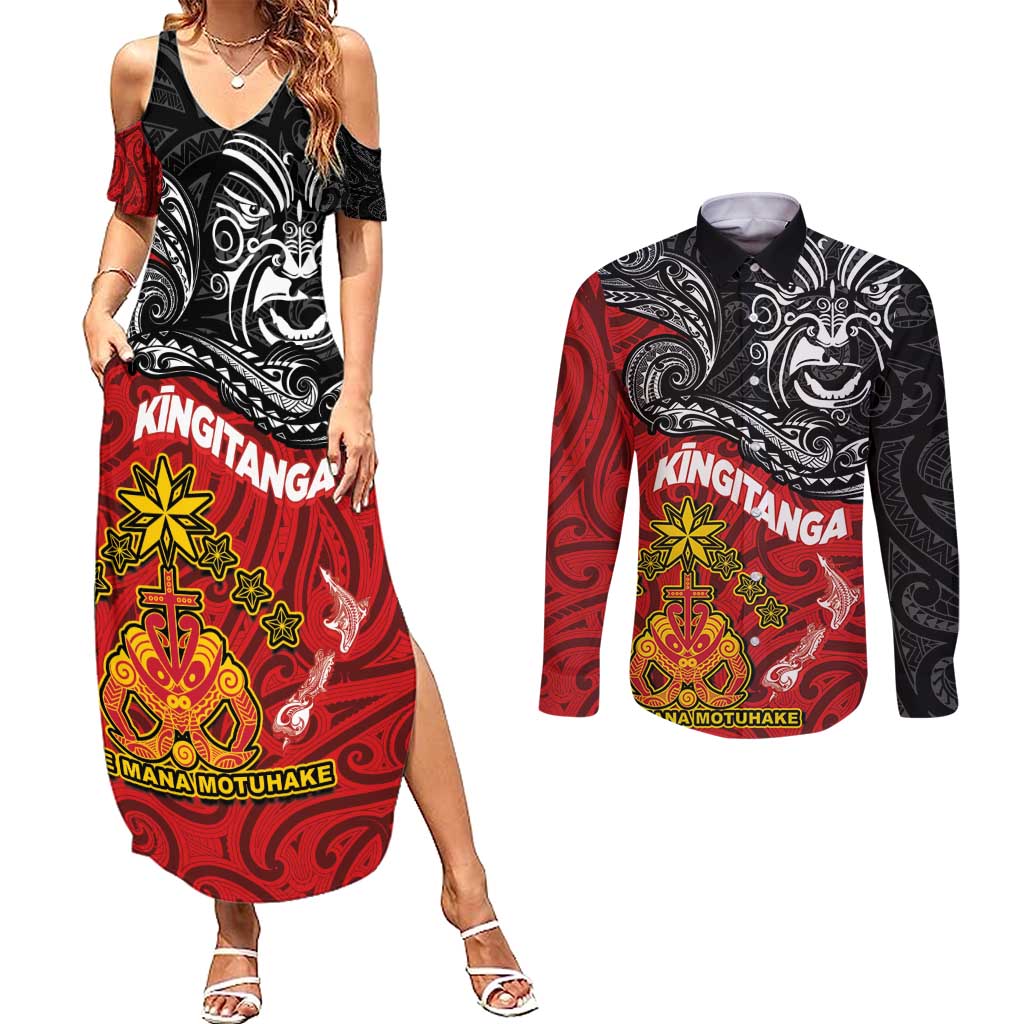 The Kingitanga - Maori King Movement Couples Matching Summer Maxi Dress and Long Sleeve Button Shirt Ko Te Mana Motuhake Emblem with Moko and Polynesian Art Tattoo