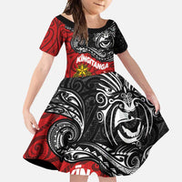 Maori King Movement Family Matching Long Sleeve Bodycon Dress and Hawaiian Shirt Ko Te Mana Motuhake Emblem with Moko and Polynesian Art Tattoo LT03 Daughter's Dress Red - Polynesian Pride