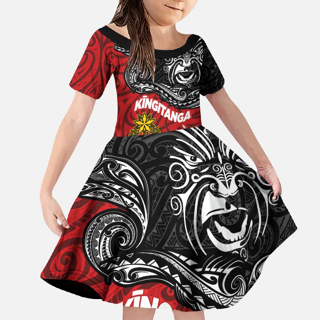 Maori King Movement Family Matching Mermaid Dress and Hawaiian Shirt Ko Te Mana Motuhake Emblem with Moko and Polynesian Art Tattoo LT03 Daughter's Dress Red - Polynesian Pride