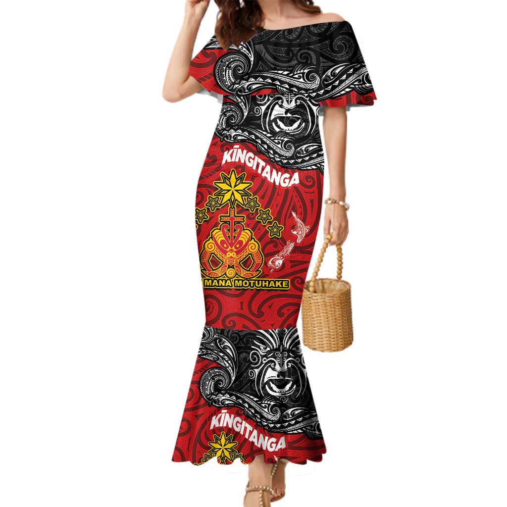 Maori King Movement Family Matching Mermaid Dress and Hawaiian Shirt Ko Te Mana Motuhake Emblem with Moko and Polynesian Art Tattoo LT03 Mom's Dress Red - Polynesian Pride
