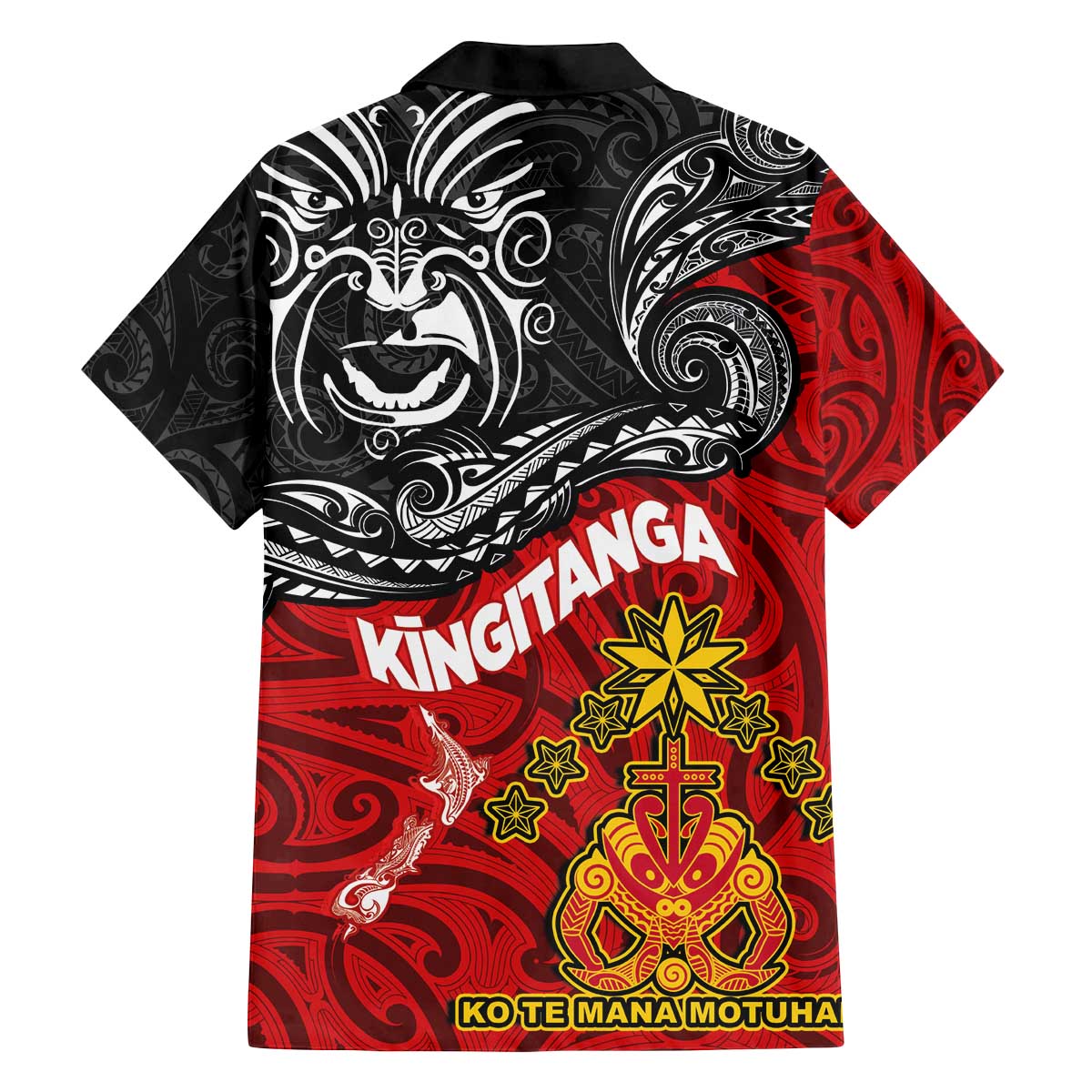 The Kingitanga - Maori King Movement Family Matching Off The Shoulder Long Sleeve Dress and Hawaiian Shirt Ko Te Mana Motuhake Emblem with Moko and Polynesian Art Tattoo
