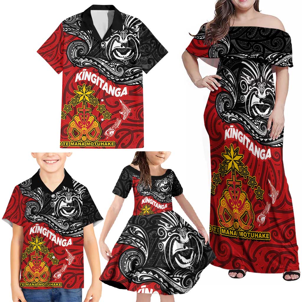 Maori King Movement Family Matching Off Shoulder Maxi Dress and Hawaiian Shirt Ko Te Mana Motuhake Emblem with Moko and Polynesian Art Tattoo LT03 - Polynesian Pride