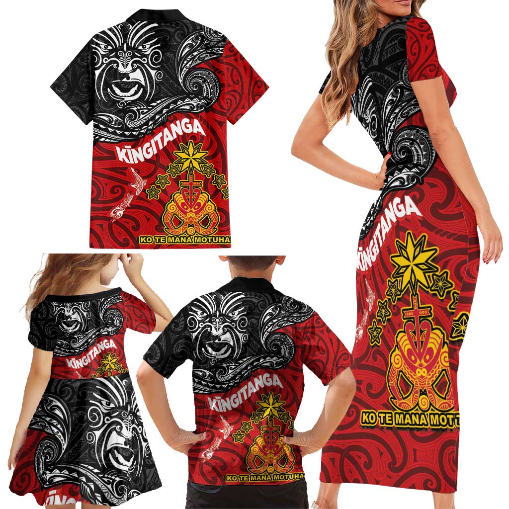 Maori King Movement Family Matching Short Sleeve Bodycon Dress and Hawaiian Shirt Ko Te Mana Motuhake Emblem with Moko and Polynesian Art Tattoo LT03 - Polynesian Pride