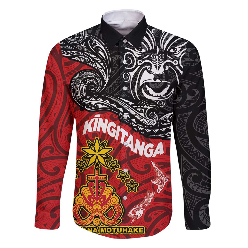 Maori King Movement Family Matching Summer Maxi Dress and Hawaiian Shirt Ko Te Mana Motuhake Emblem with Moko and Polynesian Art Tattoo LT03 Dad's Shirt - Long Sleeve Red - Polynesian Pride