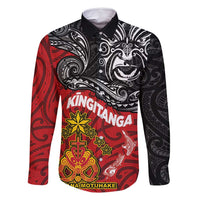 Maori King Movement Family Matching Tank Maxi Dress and Hawaiian Shirt Ko Te Mana Motuhake Emblem with Moko and Polynesian Art Tattoo LT03 Dad's Shirt - Long Sleeve Red - Polynesian Pride