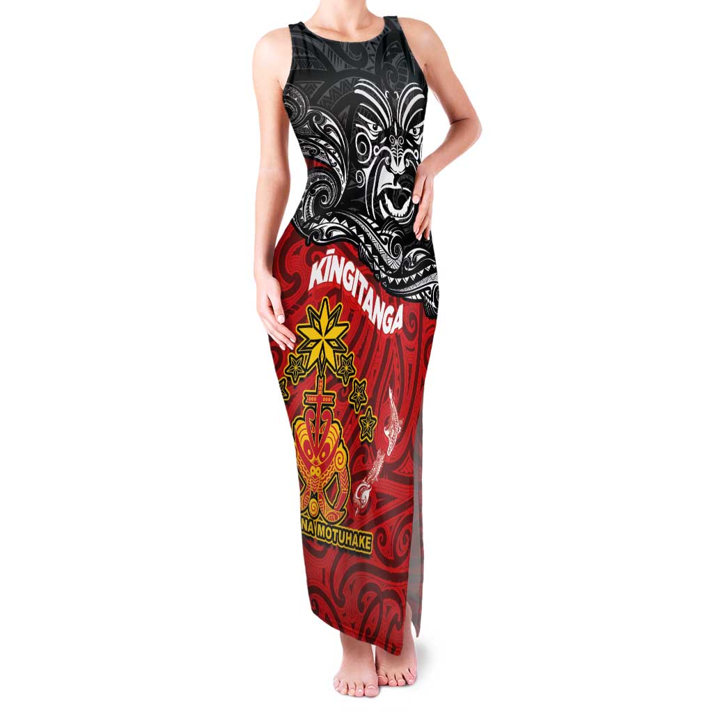 Maori King Movement Family Matching Tank Maxi Dress and Hawaiian Shirt Ko Te Mana Motuhake Emblem with Moko and Polynesian Art Tattoo LT03 Mom's Dress Red - Polynesian Pride