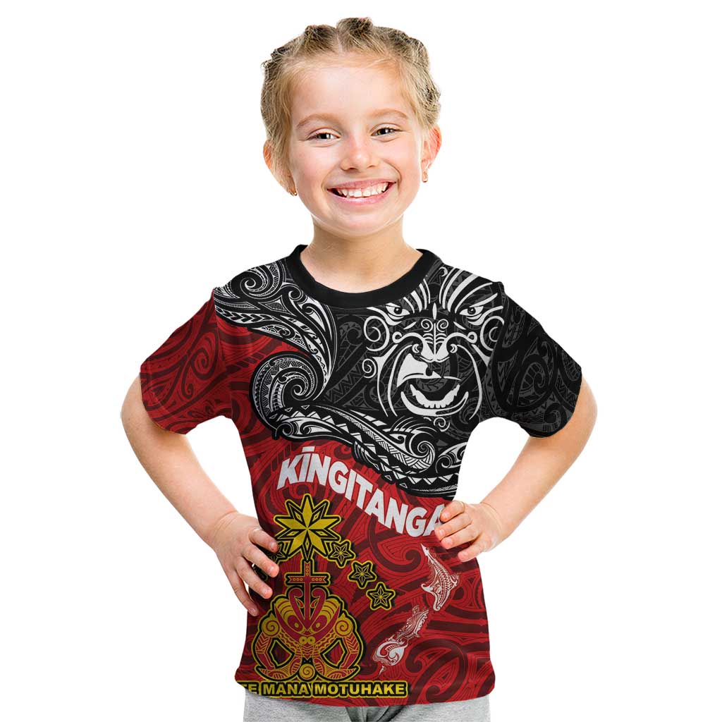 Maori King Movement Kid T Shirt Ko Te Mana Motuhake Emblem with Moko and Polynesian Art Tattoo LT03 Red - Polynesian Pride
