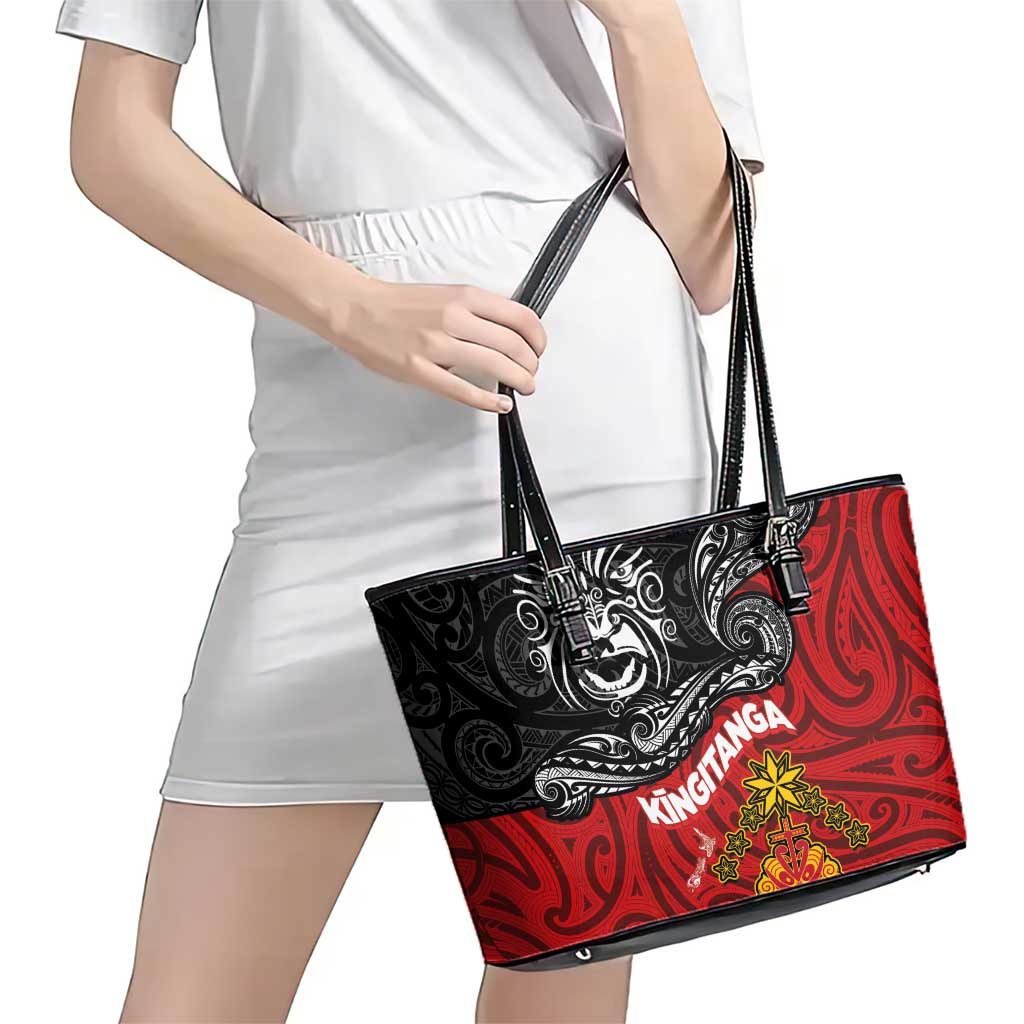 Maori King Movement Leather Tote Bag Ko Te Mana Motuhake Emblem with Moko and Polynesian Art Tattoo LT03 - Polynesian Pride
