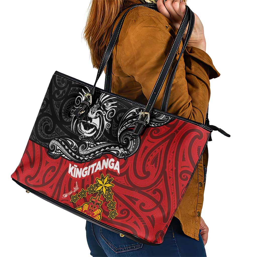 Maori King Movement Leather Tote Bag Ko Te Mana Motuhake Emblem with Moko and Polynesian Art Tattoo LT03 - Polynesian Pride