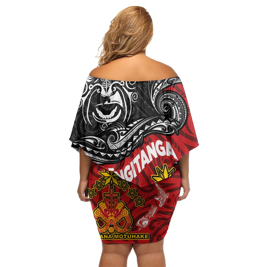 The Kingitanga - Maori King Movement Off Shoulder Short Dress Ko Te Mana Motuhake Emblem with Moko and Polynesian Art Tattoo