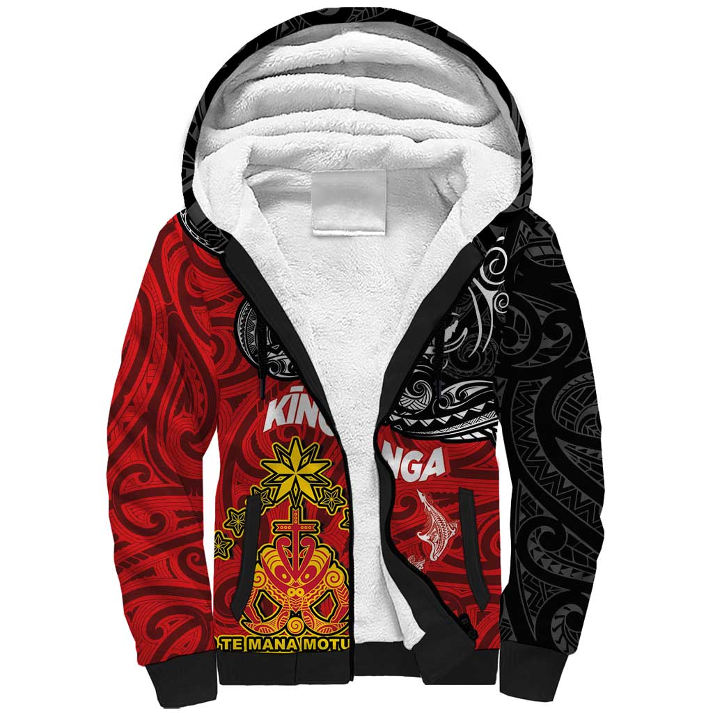 The Kingitanga - Maori King Movement Sherpa Hoodie Ko Te Mana Motuhake Emblem with Moko and Polynesian Art Tattoo