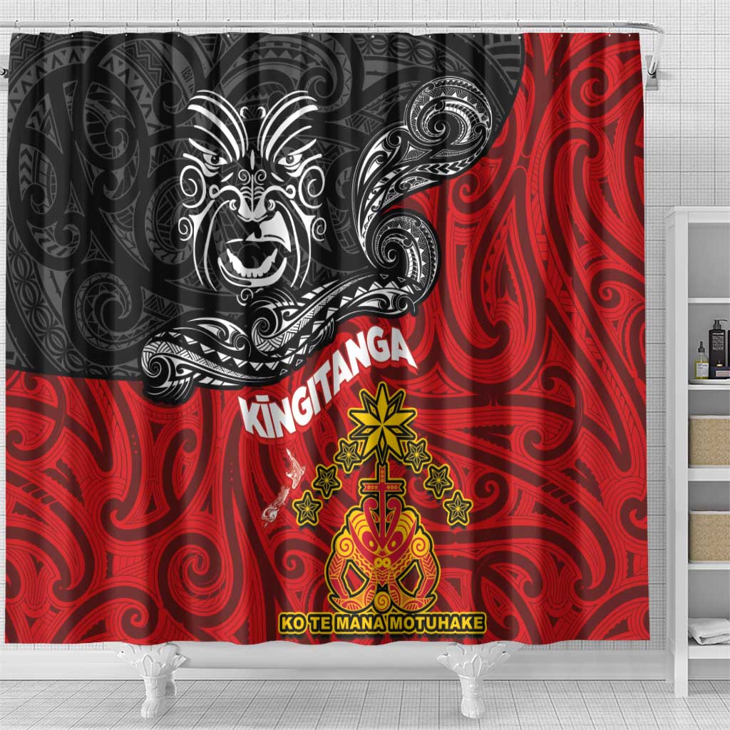 Maori King Movement Shower Curtain Ko Te Mana Motuhake Emblem with Moko and Polynesian Art Tattoo LT03 - Polynesian Pride