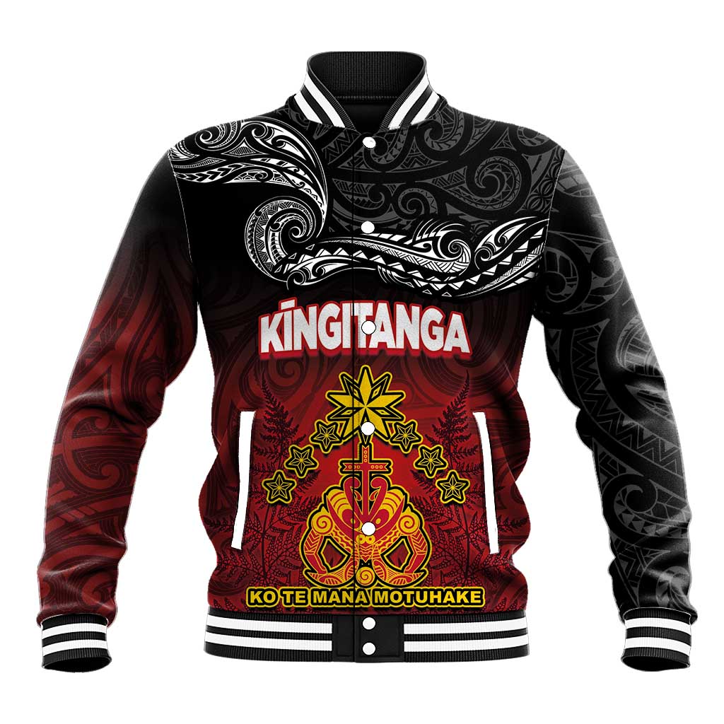 Personalised Maori King Movement Baseball Jacket Ko Te Mana Motuhake Emblem with Silver Ferns and Polynesian Art Tattoo LT03 Unisex Red - Polynesian Pride