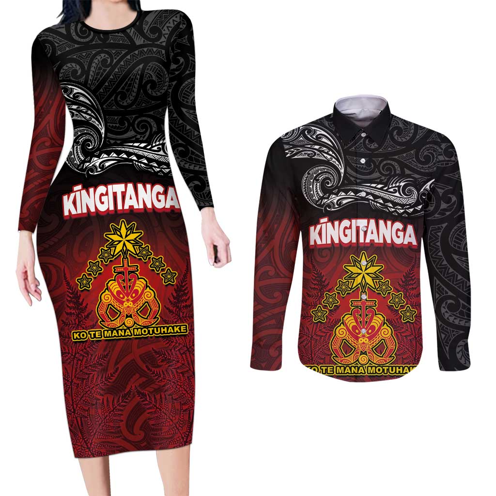 Personalised The Kingitanga - Maori King Movement Couples Matching Long Sleeve Bodycon Dress and Long Sleeve Button Shirt Ko Te Mana Motuhake Emblem with Silver Ferns and Polynesian Art Tattoo