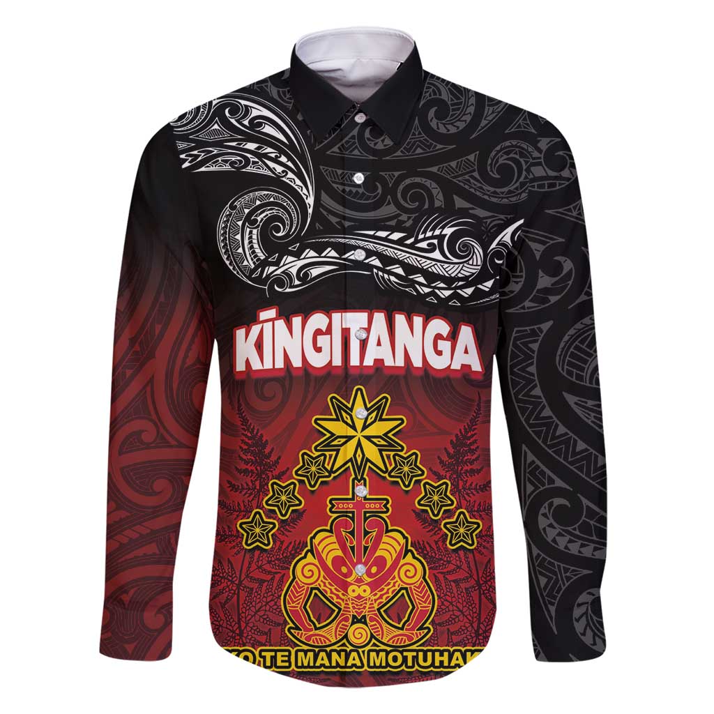 Personalised Maori King Movement Family Matching Long Sleeve Bodycon Dress and Hawaiian Shirt Ko Te Mana Motuhake Emblem with Silver Ferns and Polynesian Art Tattoo LT03 Dad's Shirt - Long Sleeve Red - Polynesian Pride