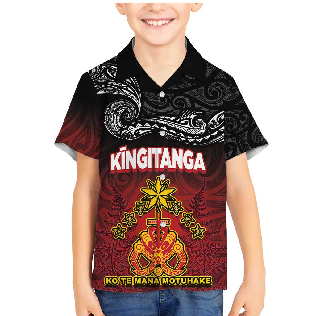 Personalised Maori King Movement Family Matching Mermaid Dress and Hawaiian Shirt Ko Te Mana Motuhake Emblem with Silver Ferns and Polynesian Art Tattoo LT03 Son's Shirt Red - Polynesian Pride