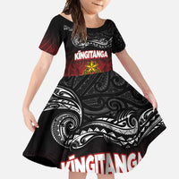 Personalised Maori King Movement Family Matching Short Sleeve Bodycon Dress and Hawaiian Shirt Ko Te Mana Motuhake Emblem with Silver Ferns and Polynesian Art Tattoo LT03 Daughter's Dress Red - Polynesian Pride