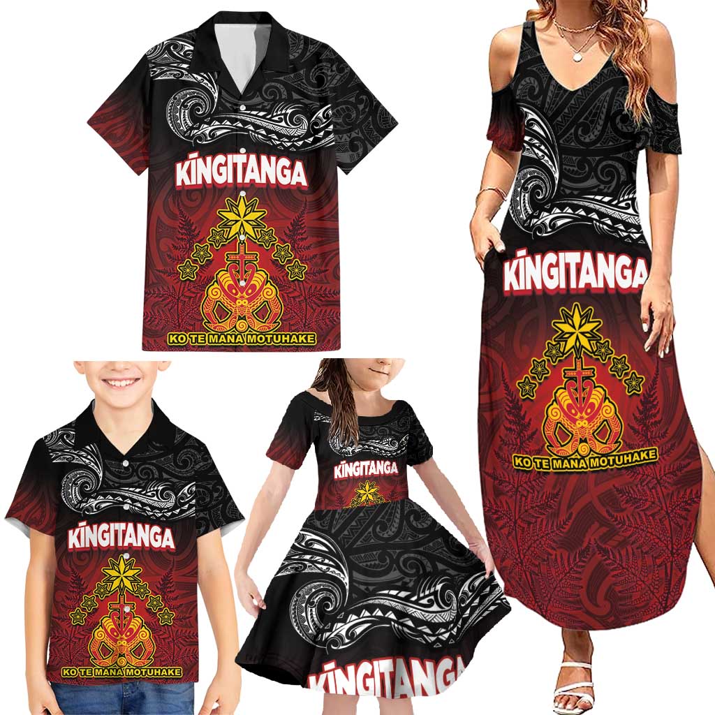 Personalised Maori King Movement Family Matching Summer Maxi Dress and Hawaiian Shirt Ko Te Mana Motuhake Emblem with Silver Ferns and Polynesian Art Tattoo LT03 - Polynesian Pride