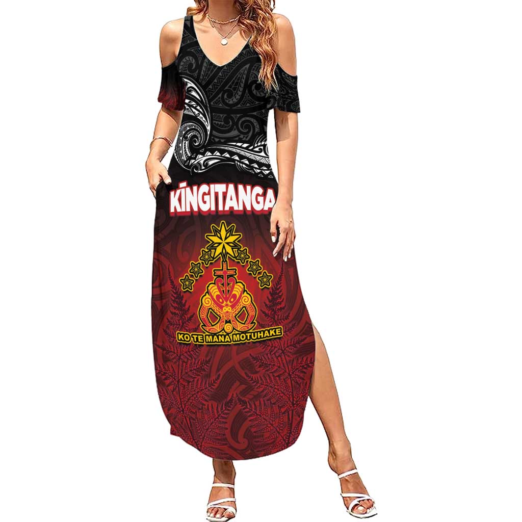 Personalised Maori King Movement Family Matching Summer Maxi Dress and Hawaiian Shirt Ko Te Mana Motuhake Emblem with Silver Ferns and Polynesian Art Tattoo LT03 Mom's Dress Red - Polynesian Pride