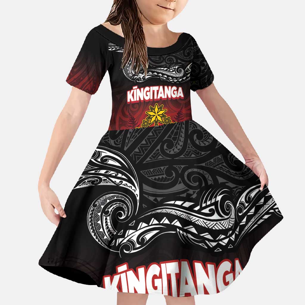 Personalised Maori King Movement Family Matching Tank Maxi Dress and Hawaiian Shirt Ko Te Mana Motuhake Emblem with Silver Ferns and Polynesian Art Tattoo LT03 Daughter's Dress Red - Polynesian Pride