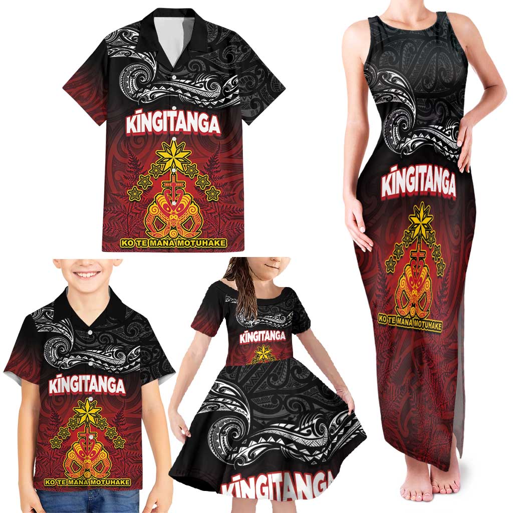 Personalised Maori King Movement Family Matching Tank Maxi Dress and Hawaiian Shirt Ko Te Mana Motuhake Emblem with Silver Ferns and Polynesian Art Tattoo LT03 - Polynesian Pride
