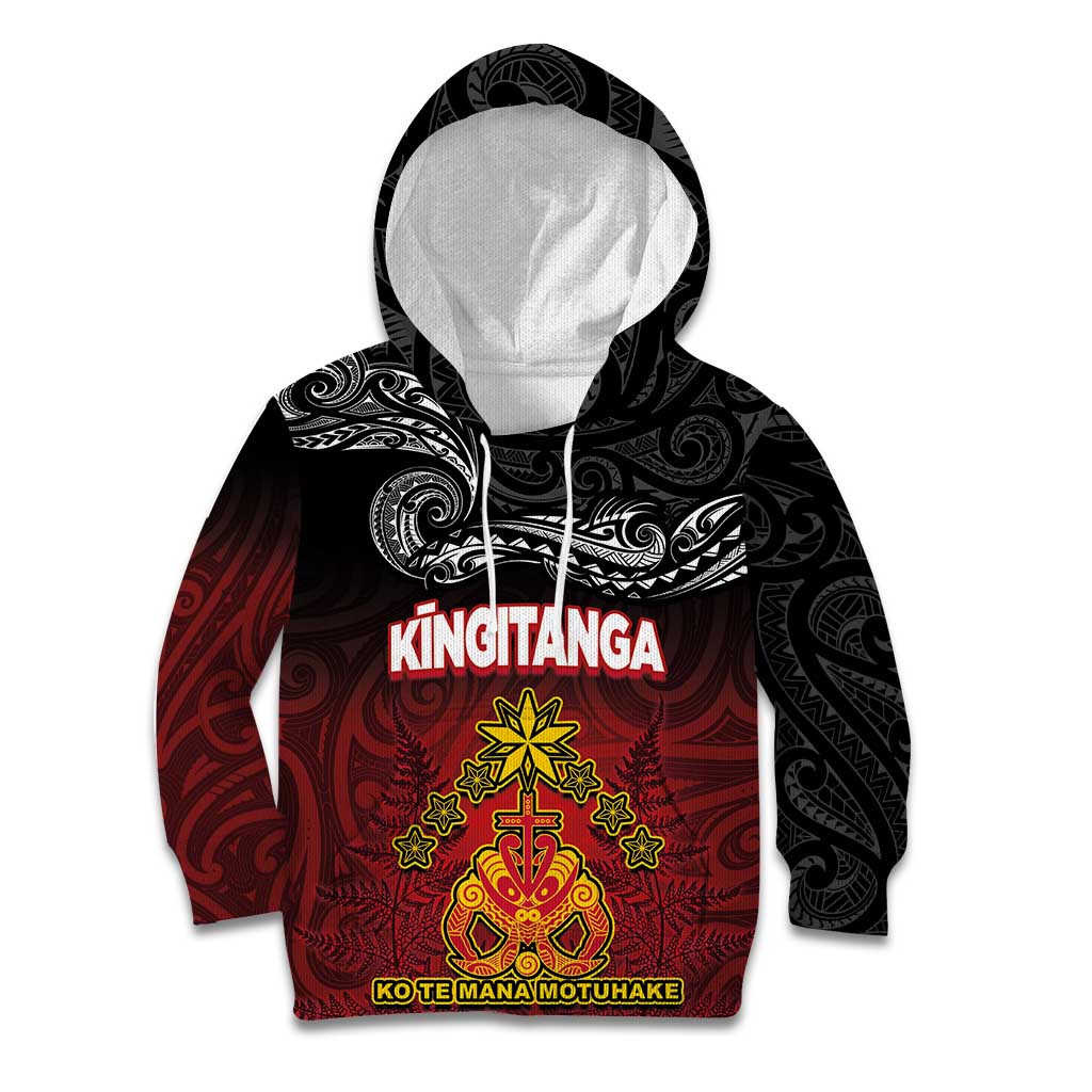 Personalised The Kingitanga - Maori King Movement Kid Hoodie Ko Te Mana Motuhake Emblem with Silver Ferns and Polynesian Art Tattoo