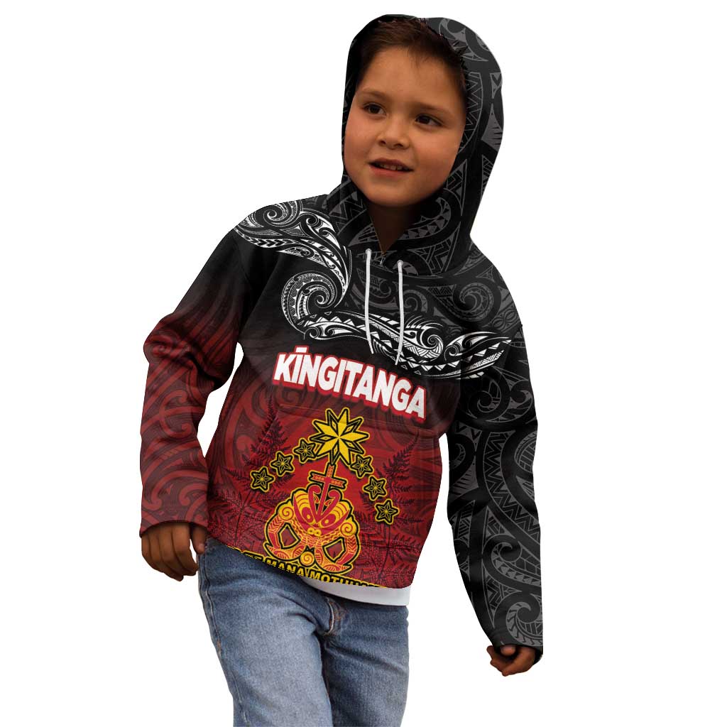 Personalised The Kingitanga - Maori King Movement Kid Hoodie Ko Te Mana Motuhake Emblem with Silver Ferns and Polynesian Art Tattoo