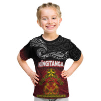 Personalised Maori King Movement Kid T Shirt Ko Te Mana Motuhake Emblem with Silver Ferns and Polynesian Art Tattoo LT03 Red - Polynesian Pride