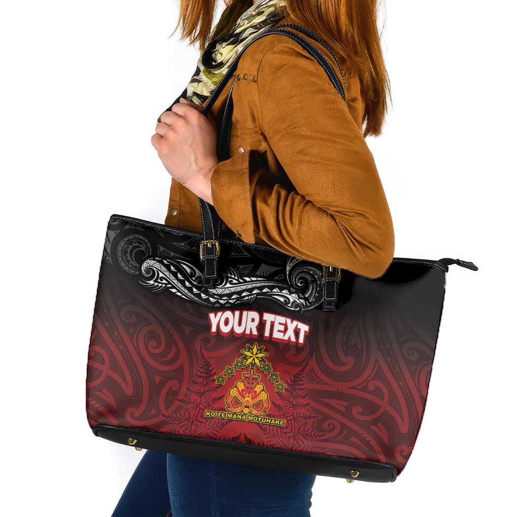 Personalised Maori King Movement Leather Tote Bag Ko Te Mana Motuhake Emblem with Silver Ferns and Polynesian Art Tattoo LT03 Red - Polynesian Pride