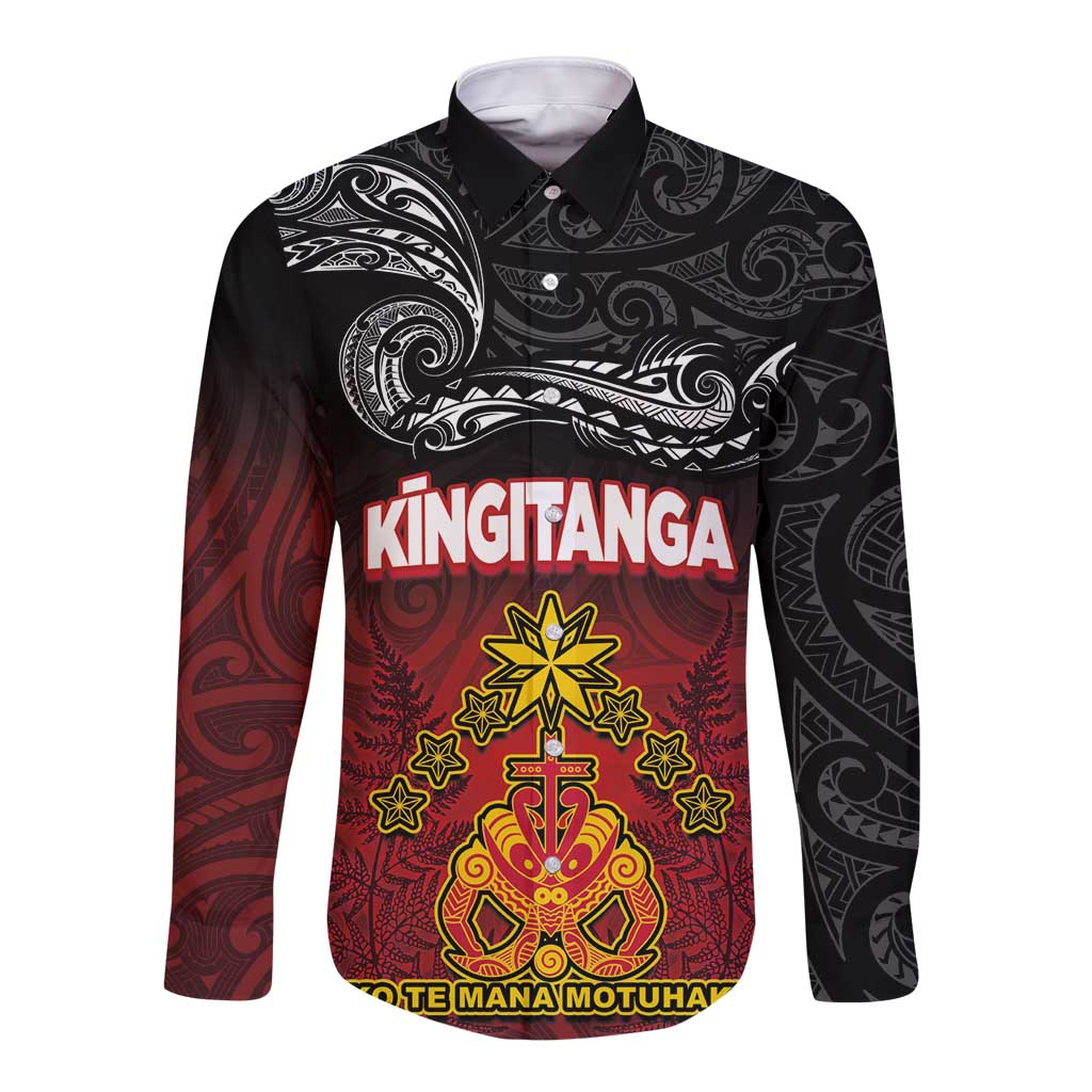 Personalised Maori King Movement Long Sleeve Button Shirt Ko Te Mana Motuhake Emblem with Silver Ferns and Polynesian Art Tattoo LT03 Unisex Red - Polynesian Pride