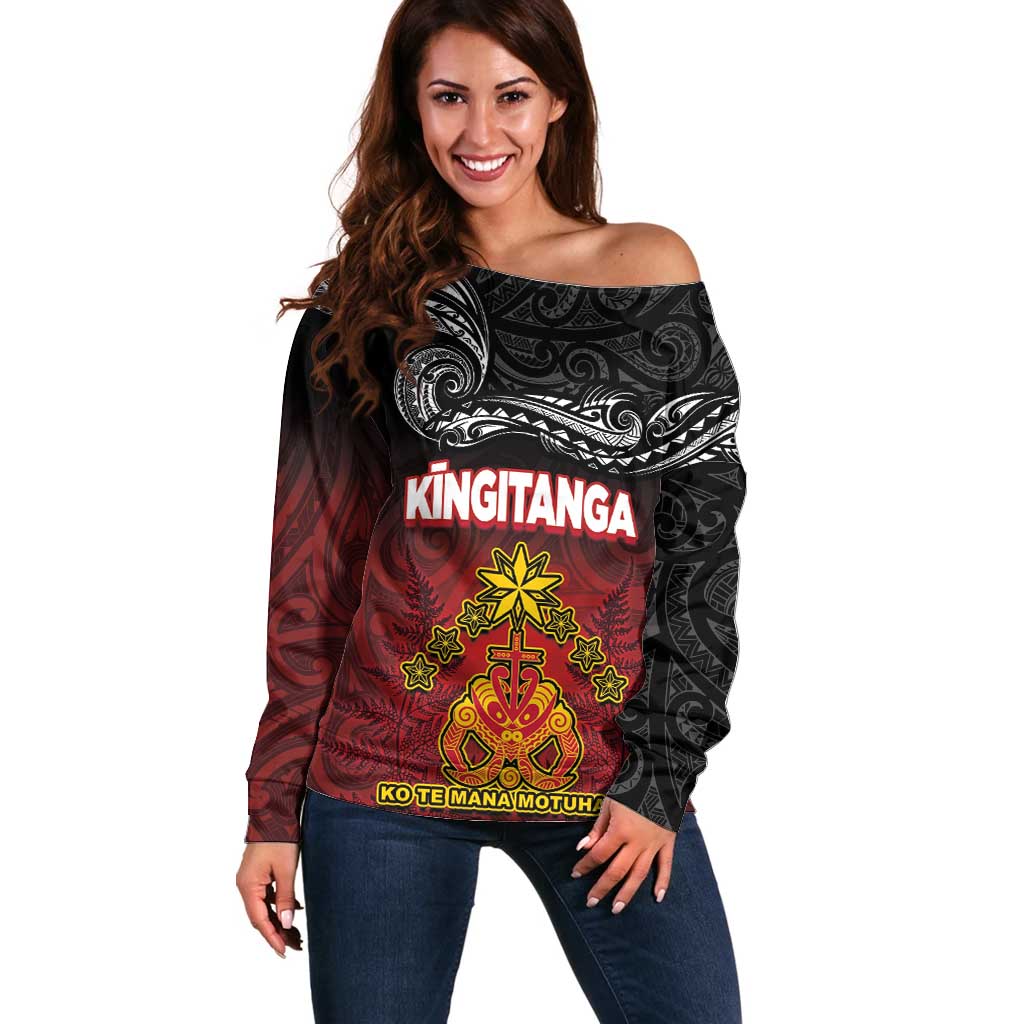 Personalised The Kingitanga - Maori King Movement Off Shoulder Sweater Ko Te Mana Motuhake Emblem with Silver Ferns and Polynesian Art Tattoo