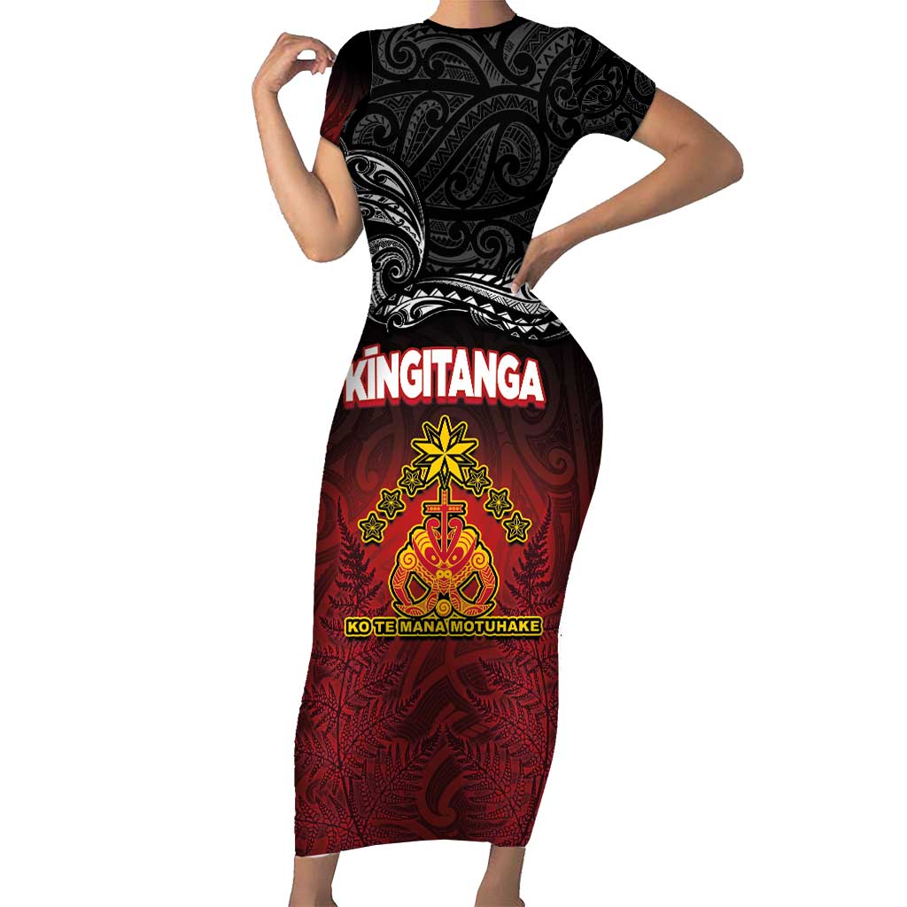 Personalised The Kingitanga - Maori King Movement Short Sleeve Bodycon Dress Ko Te Mana Motuhake Emblem with Silver Ferns and Polynesian Art Tattoo