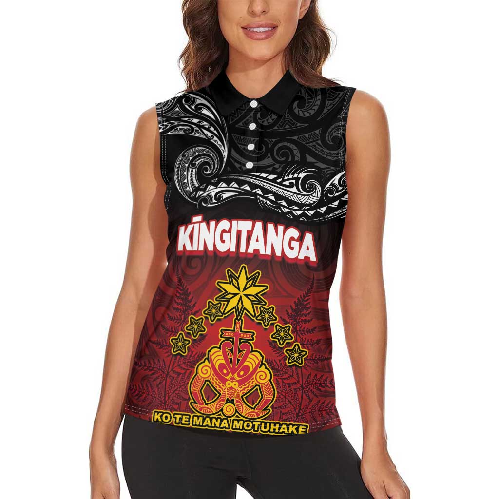 Personalised The Kingitanga - Maori King Movement Women Sleeveless Polo Shirt Ko Te Mana Motuhake Emblem with Silver Ferns and Polynesian Art Tattoo