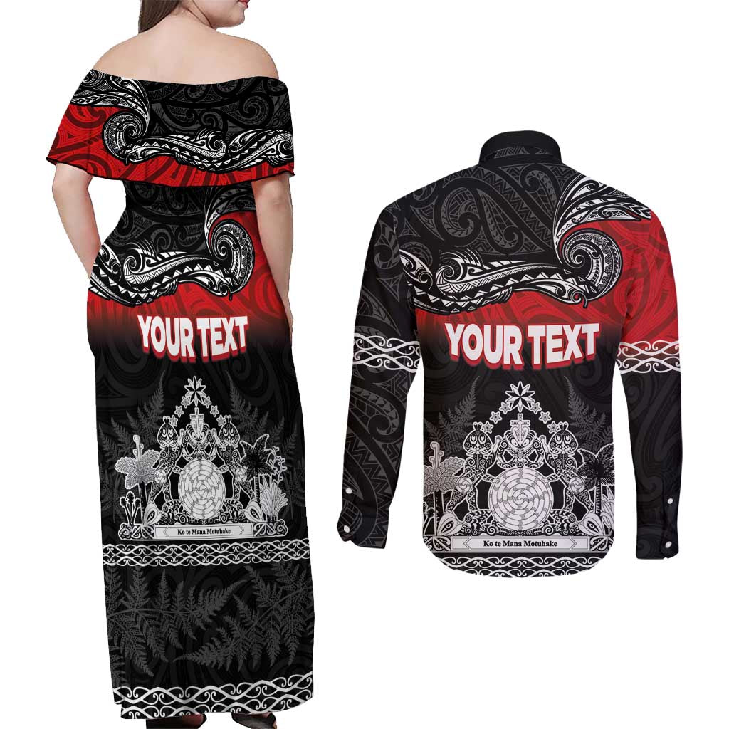 Personalised The Kingitanga - Maori King Movement Couples Matching Off Shoulder Maxi Dress and Long Sleeve Button Shirt Te Paki-o-Matariki with Silver Ferns and Polynesian Art Tattoo