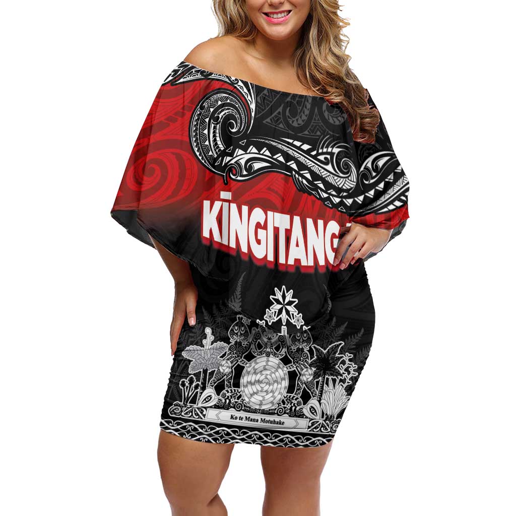 Personalised The Kingitanga - Maori King Movement Off Shoulder Short Dress Te Paki-o-Matariki with Silver Ferns and Polynesian Art Tattoo