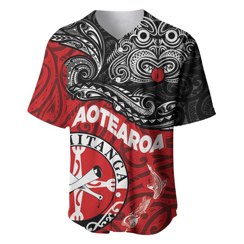 Maori Kotahitanga Baseball Jersey Aotearoa Spirit with Maori Mask and Polynesian Art Tattoo LT03 Red - Polynesian Pride
