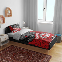 Maori Kotahitanga Bedding Set Aotearoa Spirit with Maori Mask and Polynesian Art Tattoo