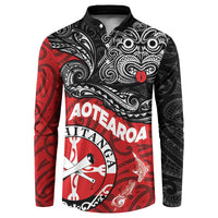 Maori Kotahitanga Button Sweatshirt Aotearoa Spirit with Maori Mask and Polynesian Art Tattoo LT03 Red - Polynesian Pride