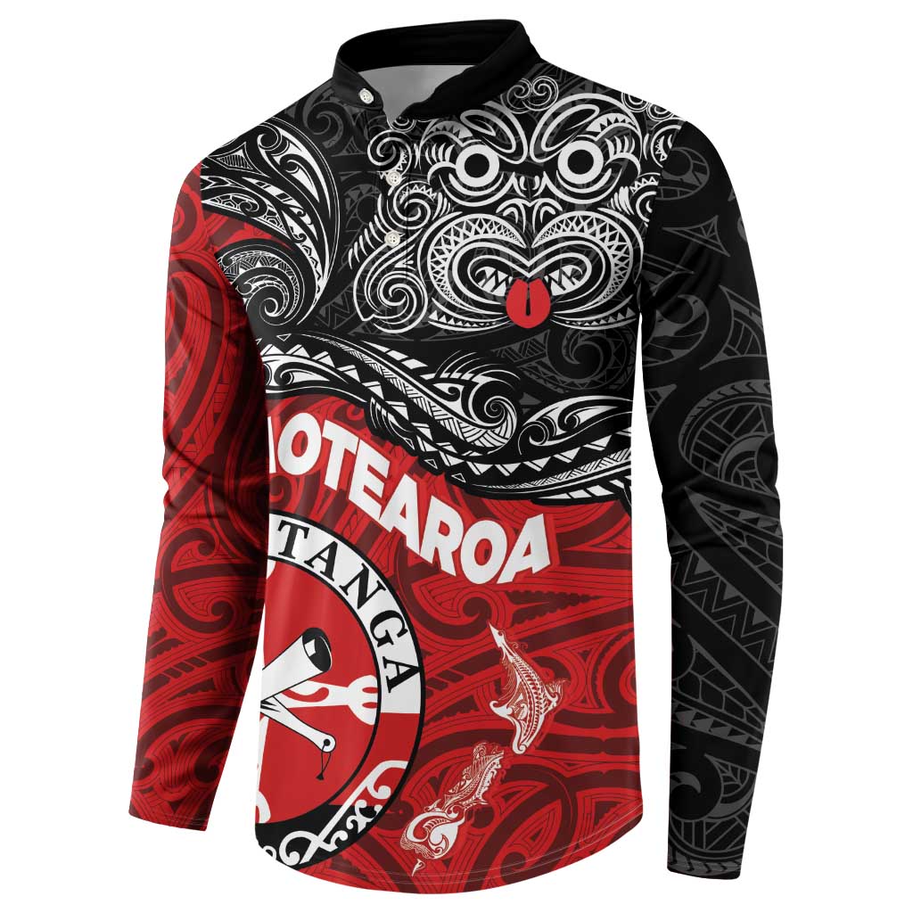 Maori Kotahitanga Button Sweatshirt Aotearoa Spirit with Maori Mask and Polynesian Art Tattoo LT03 - Polynesian Pride