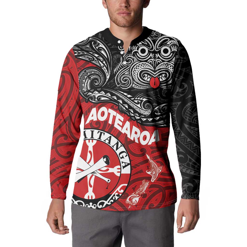 Maori Kotahitanga Button Sweatshirt Aotearoa Spirit with Maori Mask and Polynesian Art Tattoo LT03 - Polynesian Pride