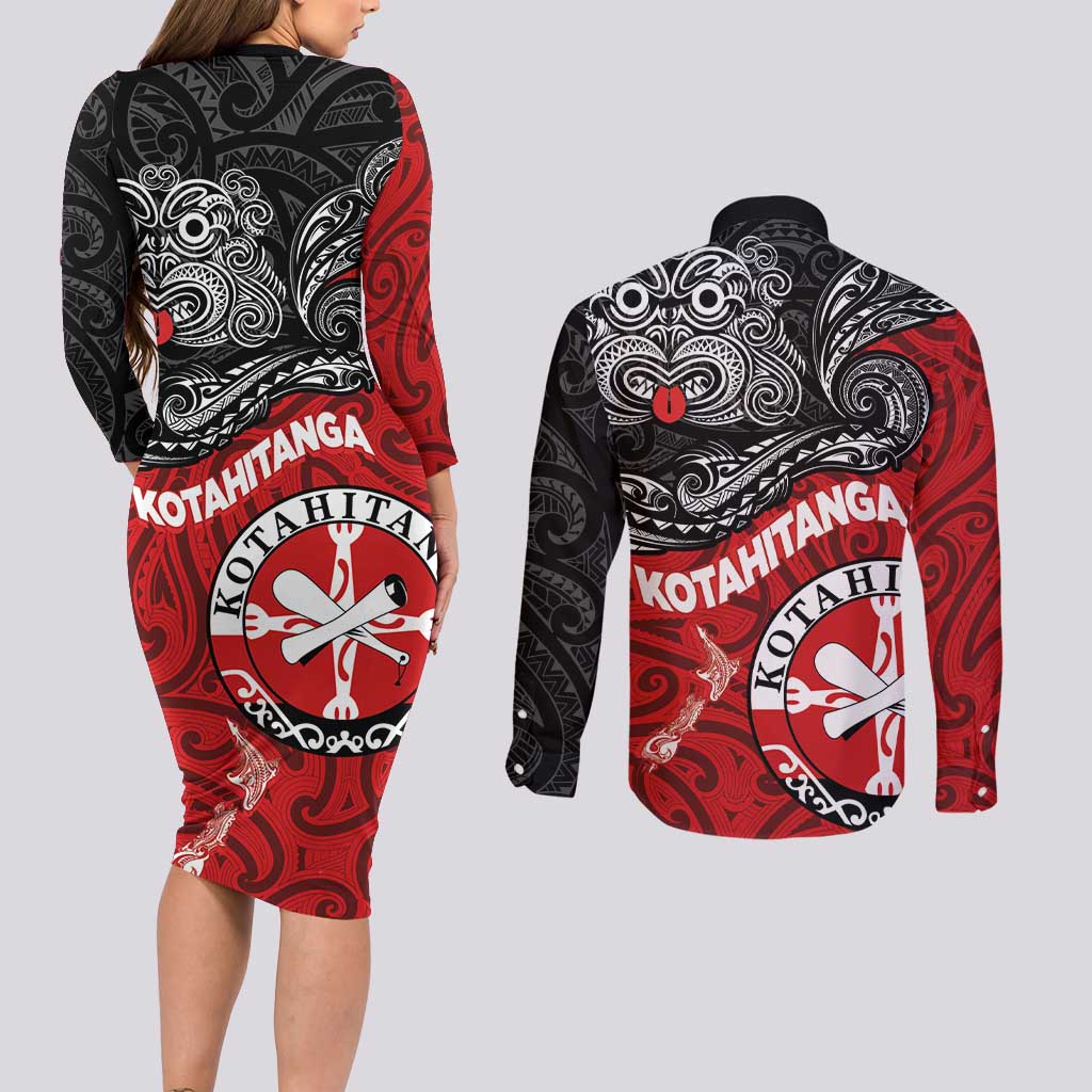 Maori Kotahitanga Couples Matching Long Sleeve Bodycon Dress and Long Sleeve Button Shirt Aotearoa Spirit with Maori Mask and Polynesian Art Tattoo