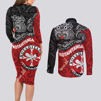 Maori Kotahitanga Couples Matching Long Sleeve Bodycon Dress and Long Sleeve Button Shirt Aotearoa Spirit with Maori Mask and Polynesian Art Tattoo