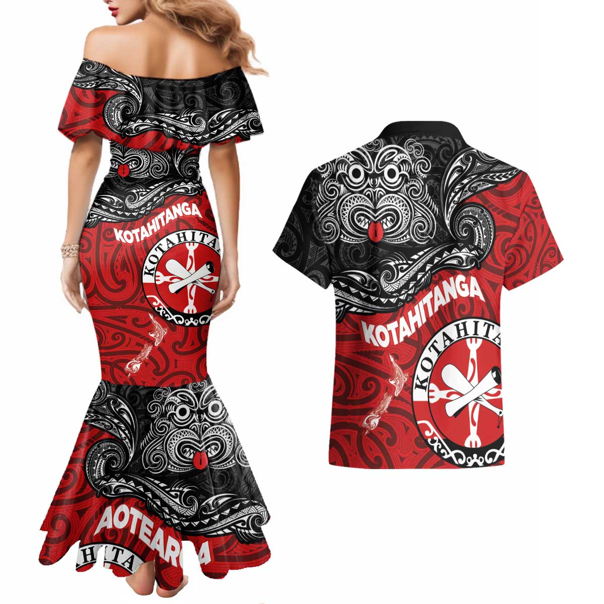 Maori Kotahitanga Couples Matching Mermaid Dress and Hawaiian Shirt Aotearoa Spirit with Maori Mask and Polynesian Art Tattoo
