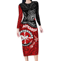 Maori Kotahitanga Family Matching Long Sleeve Bodycon Dress and Hawaiian Shirt Aotearoa Spirit with Maori Mask and Polynesian Art Tattoo LT03 Mom's Dress Red - Polynesian Pride